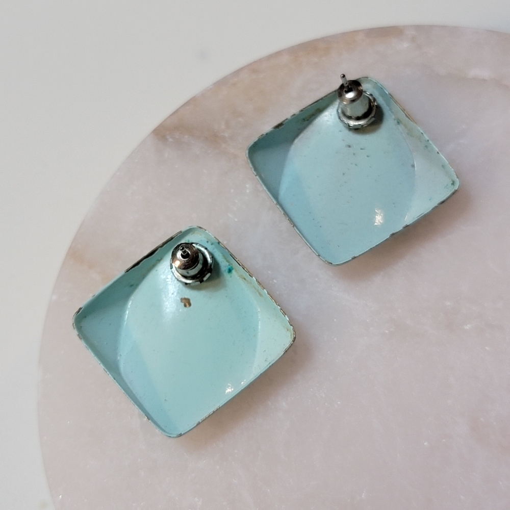Vintage Enamel Diamond Earrings Mint Seafoam - Picture 5 of 7